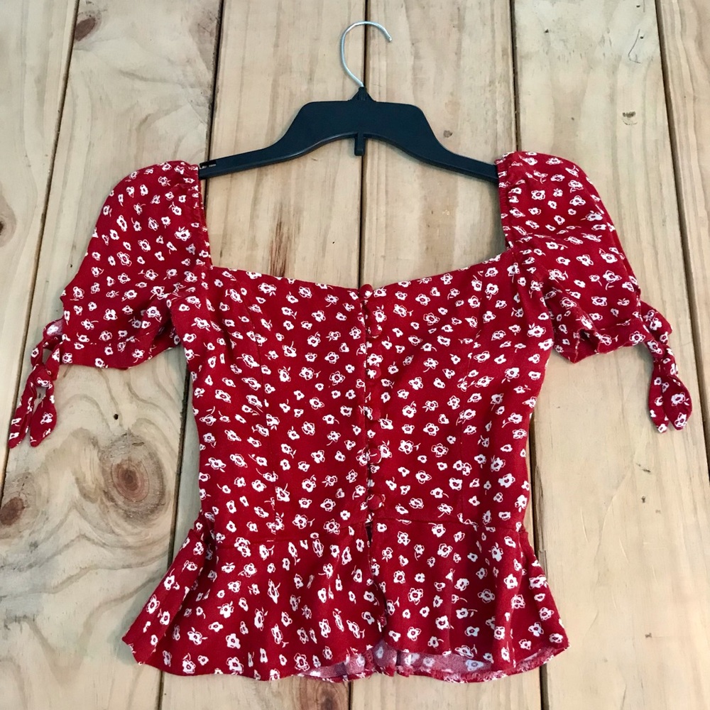 Reformation Red and White Floral Button Front Blouse